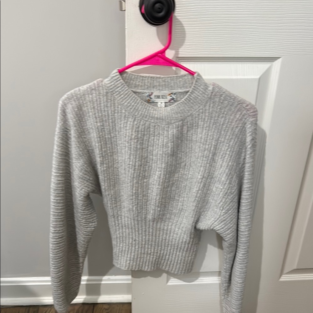 Gray Crew Neck Ribbed Sweater
